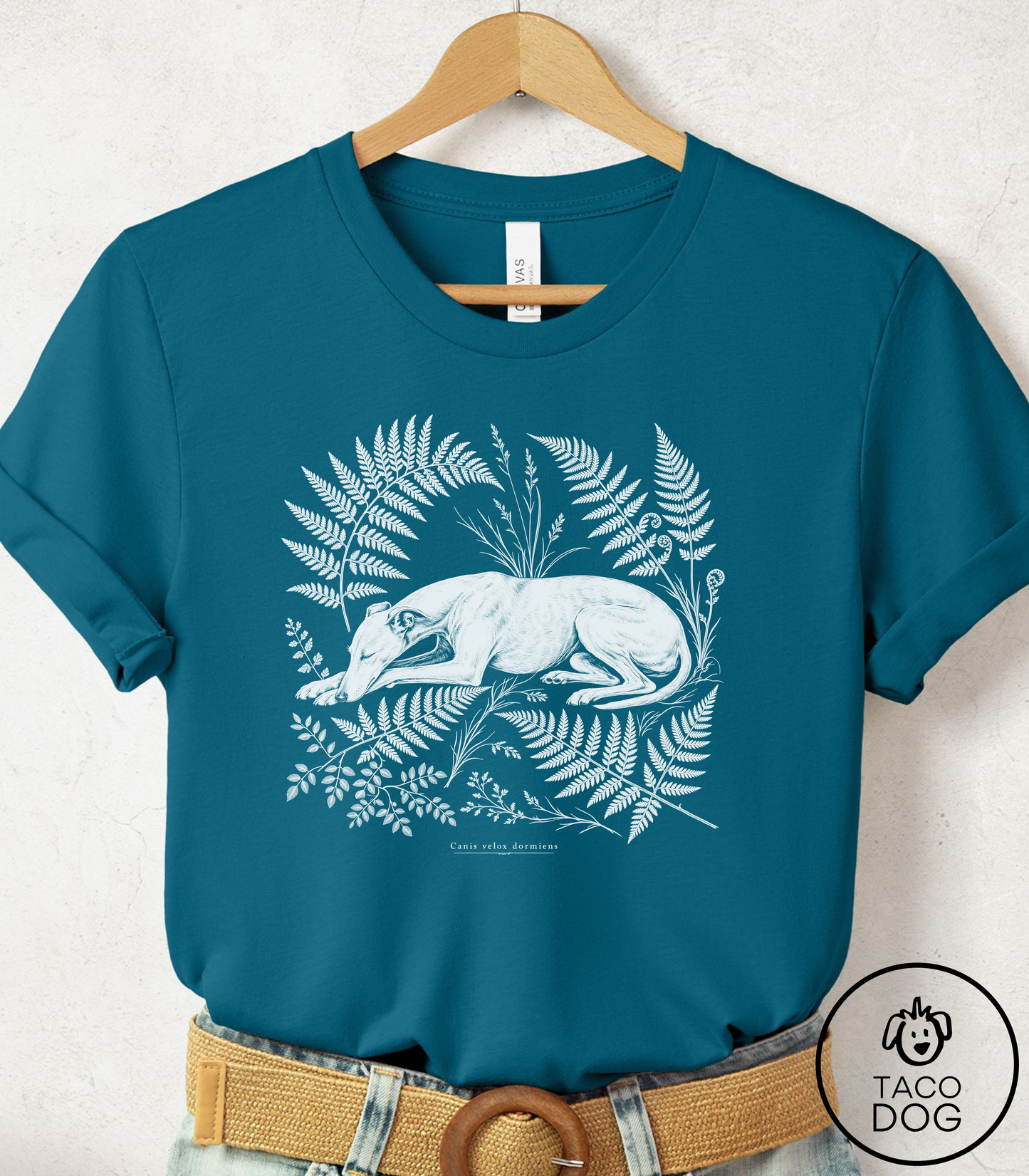 Whippet Botanical Specimen Cyanotype Tee Deep Teal Taco-Dog