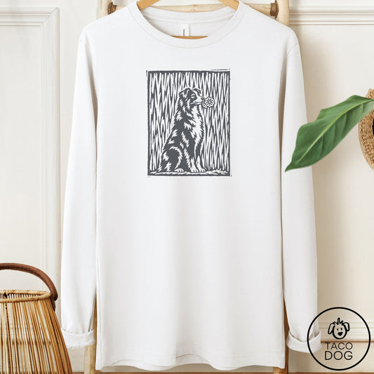 Australian Shepherd Brings the Flower Long Sleeve Tee White Taco-Dog