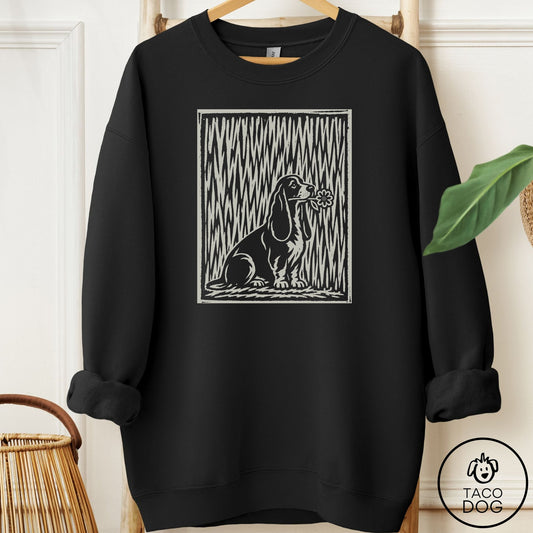 Basset Hound Brings the Flower Sweatshirt Black Taco-Dog