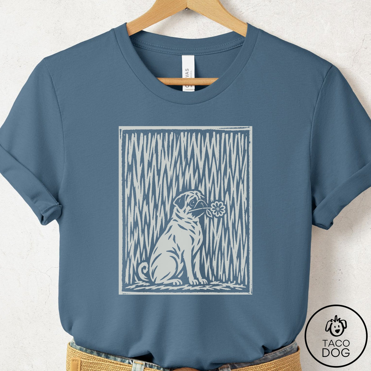 Pug Brings the Flower T-Shirt Steel Blue Taco-Dog