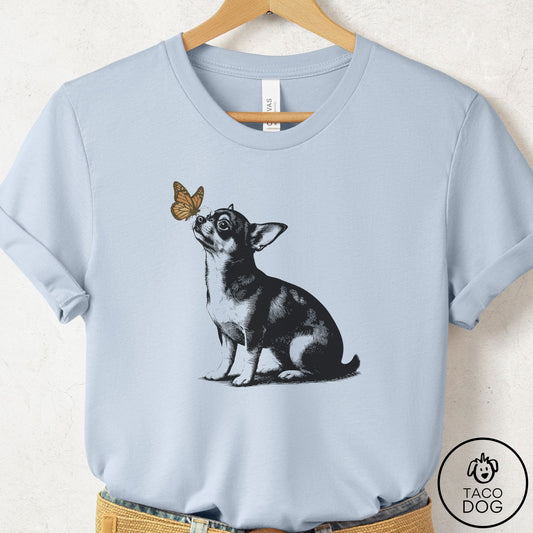 Chihuahua Butterfly T-Shirt Light Blue Taco-Dog