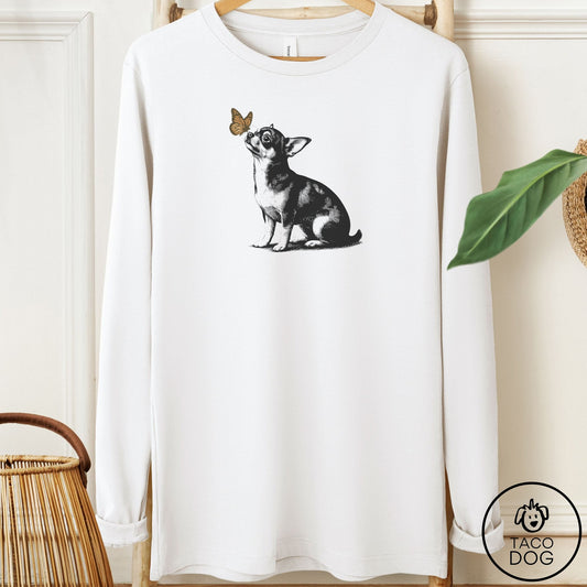 Chihuahua Butterfly Long Sleeve Tee White Taco-Dog