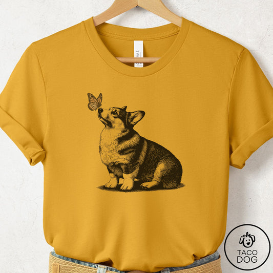 Corgi Butterfly T-Shirt Mustard Taco-Dog