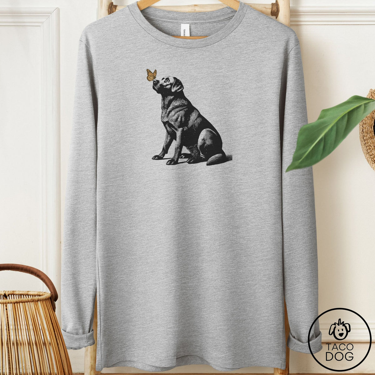 Labrador Retriever Butterfly Long Sleeve Tee Athletic Heather Taco-Dog