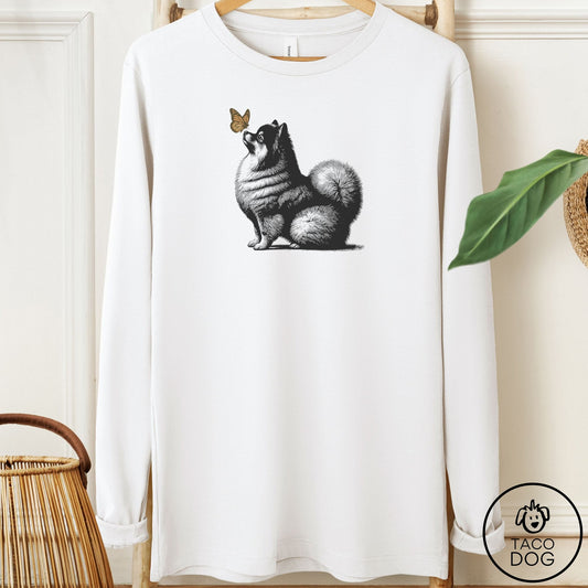 Pomeranian Butterfly Long Sleeve Tee White Taco-Dog