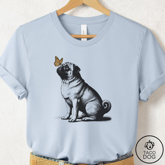 Pug Butterfly T-Shirt Light Blue Taco-Dog