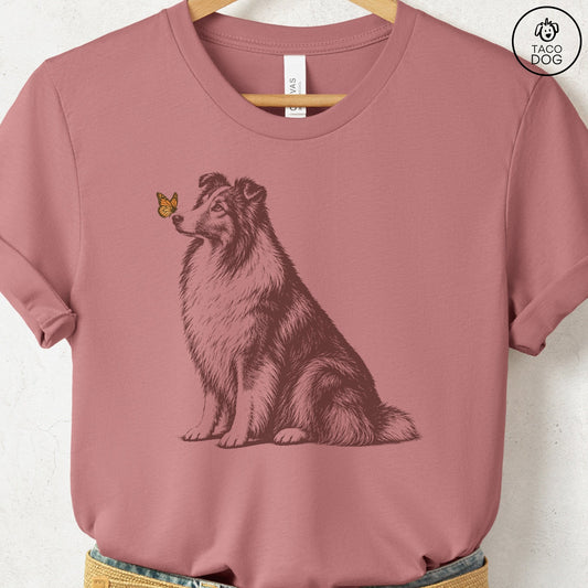 Shetland Sheepdog Butterfly T-Shirt Heather Mauve Taco-Dog