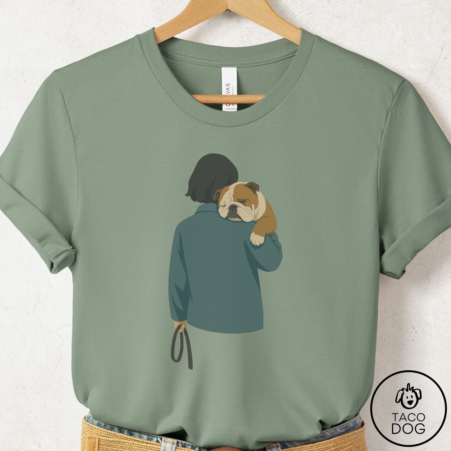 English Bulldog Carry T-Shirt Sage Taco-Dog