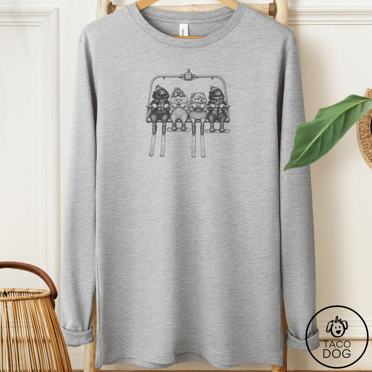 Pomeranian Chair Lift Long Sleeve Tee Athletic Heather Taco-Dog