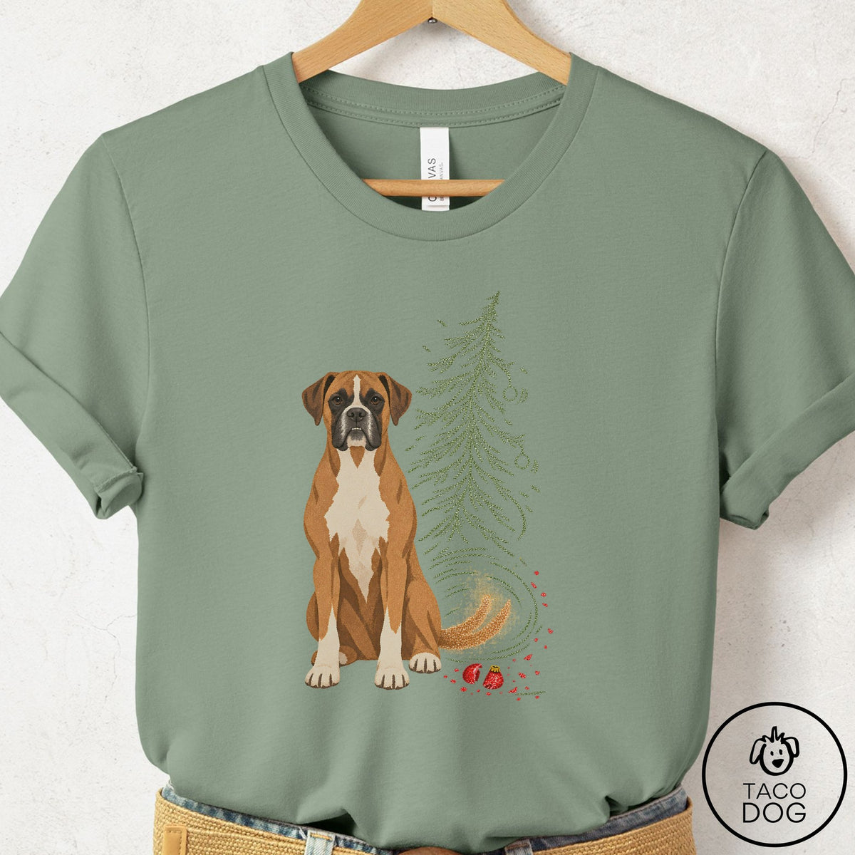 Boxer Christmas Joy T-Shirt Sage Taco-Dog