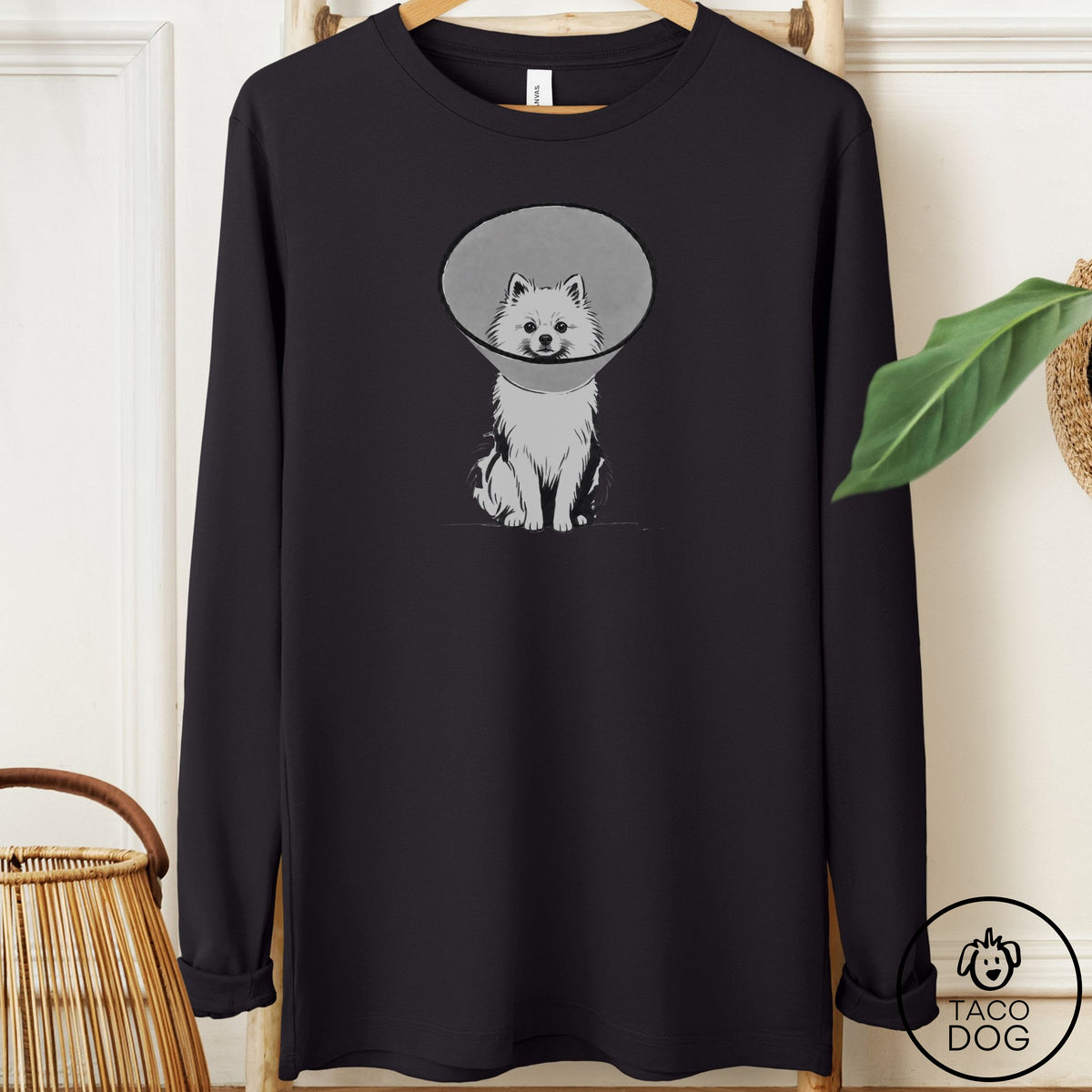 Pomeranian Cone Long Sleeve Tee Black Taco-Dog