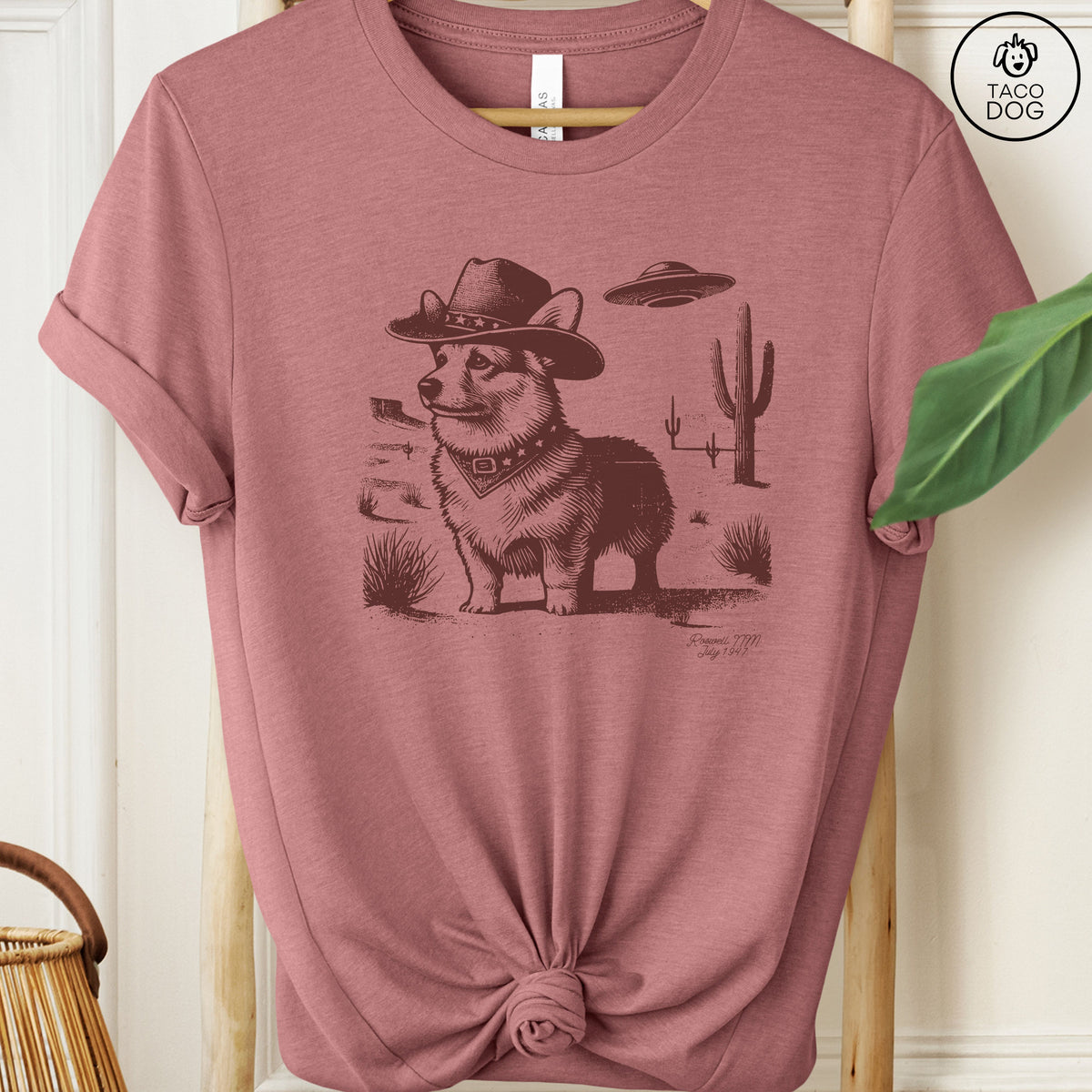 Corgi Cowboy Ink Space Cowboy UFO T-Shirt Heather Mauve Taco-Dog