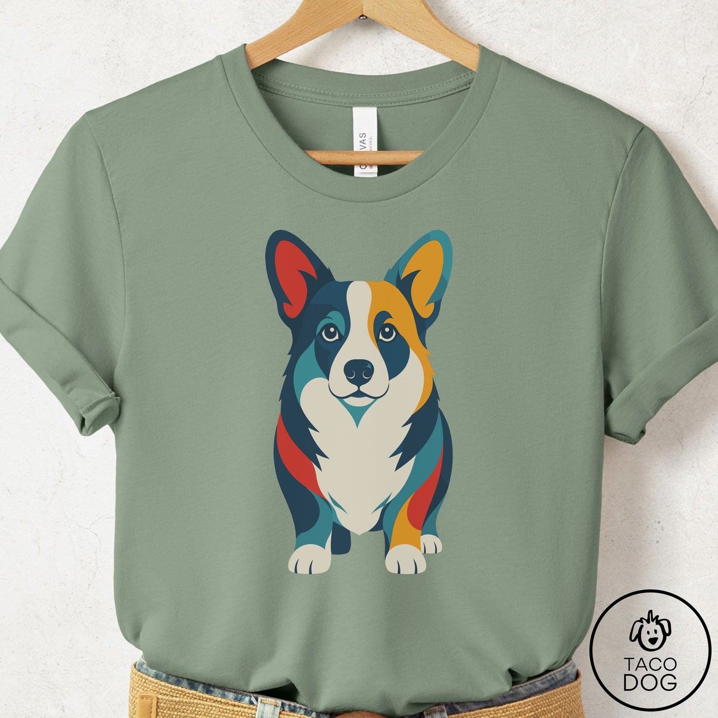 Corgi Color Block T-Shirt Sage Taco-Dog