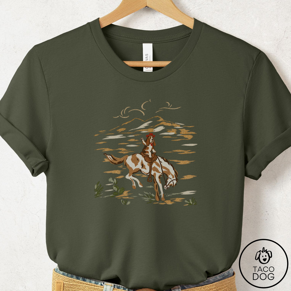 Basset Hound 1950s Cowboy T-Shirt Military Green Taco-Dog