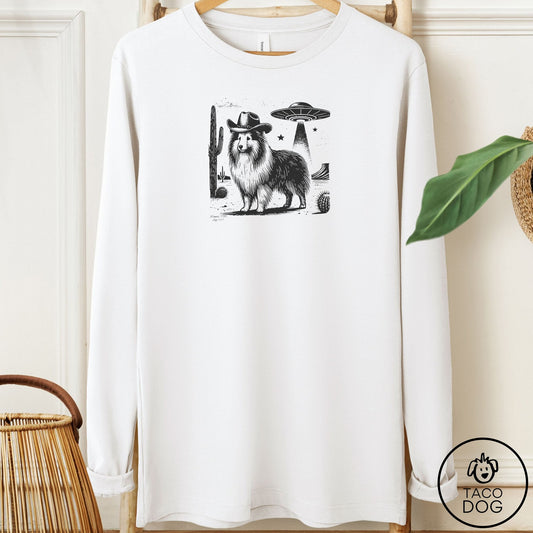 Shetland Sheepdog Cowboy UFO Long Sleeve Tee White Taco-Dog