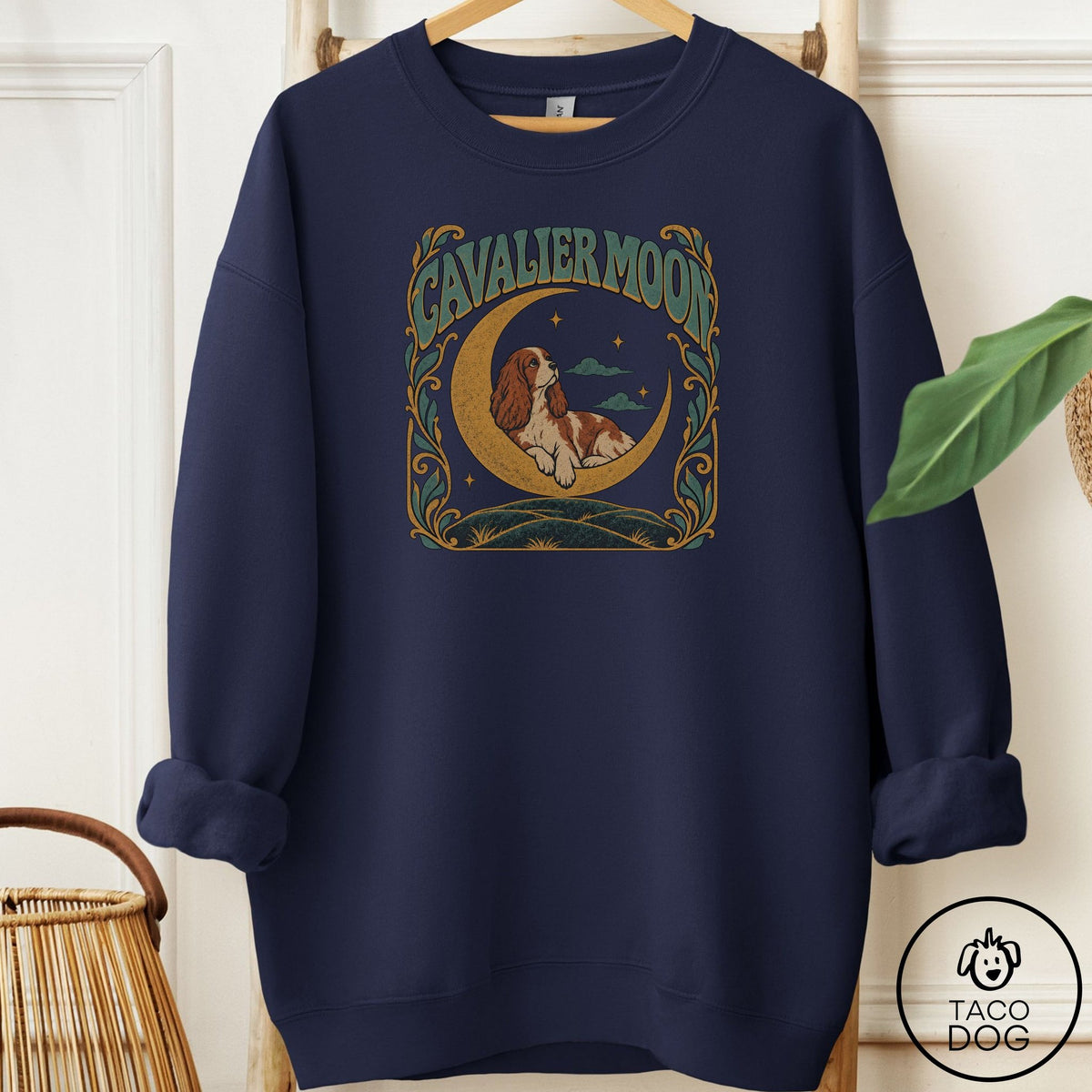 Cavalier King Charles Spaniel Crescent Moon Sweatshirt Navy Taco-Dog