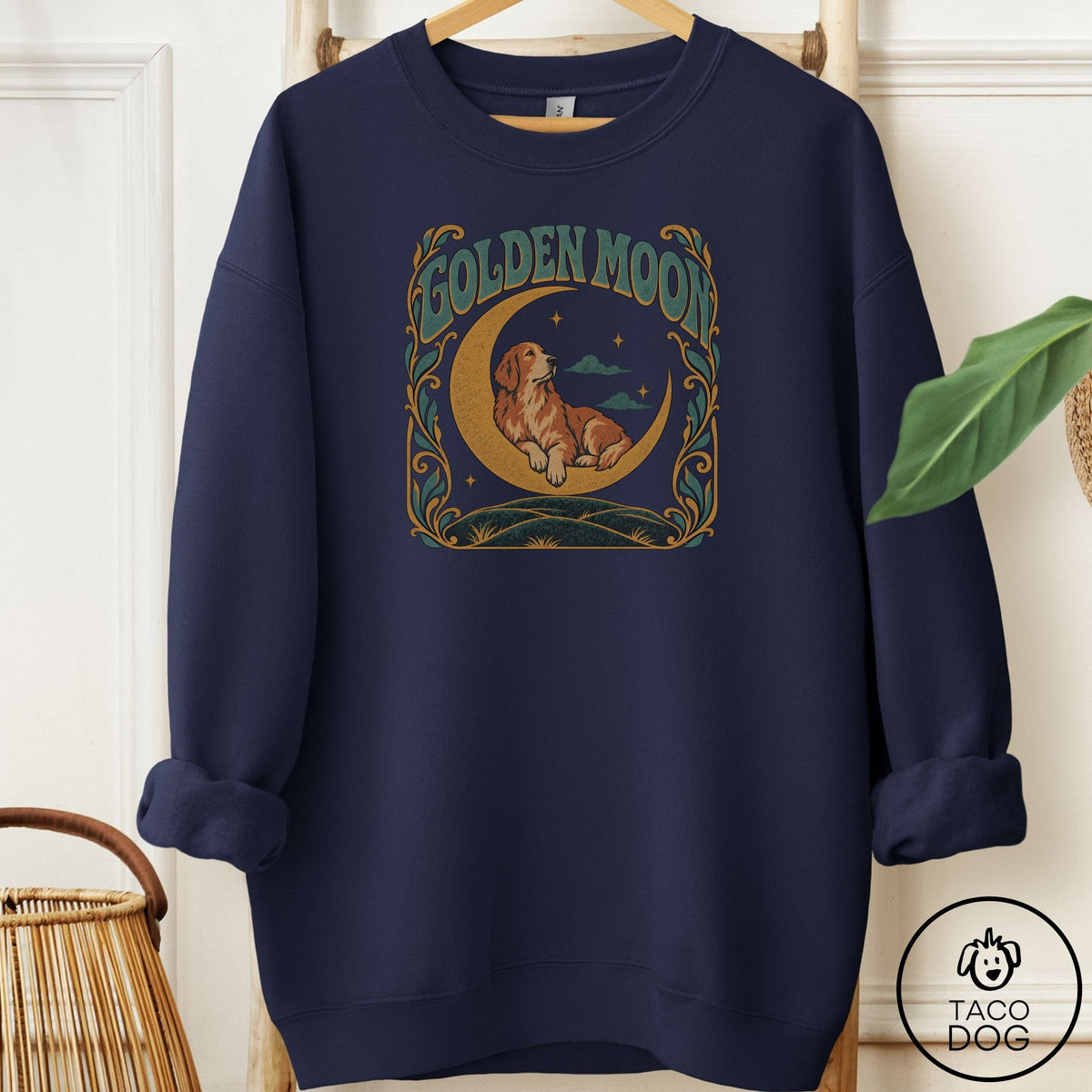 Golden Retriever Crescent Moon Sweatshirt Navy Taco-Dog