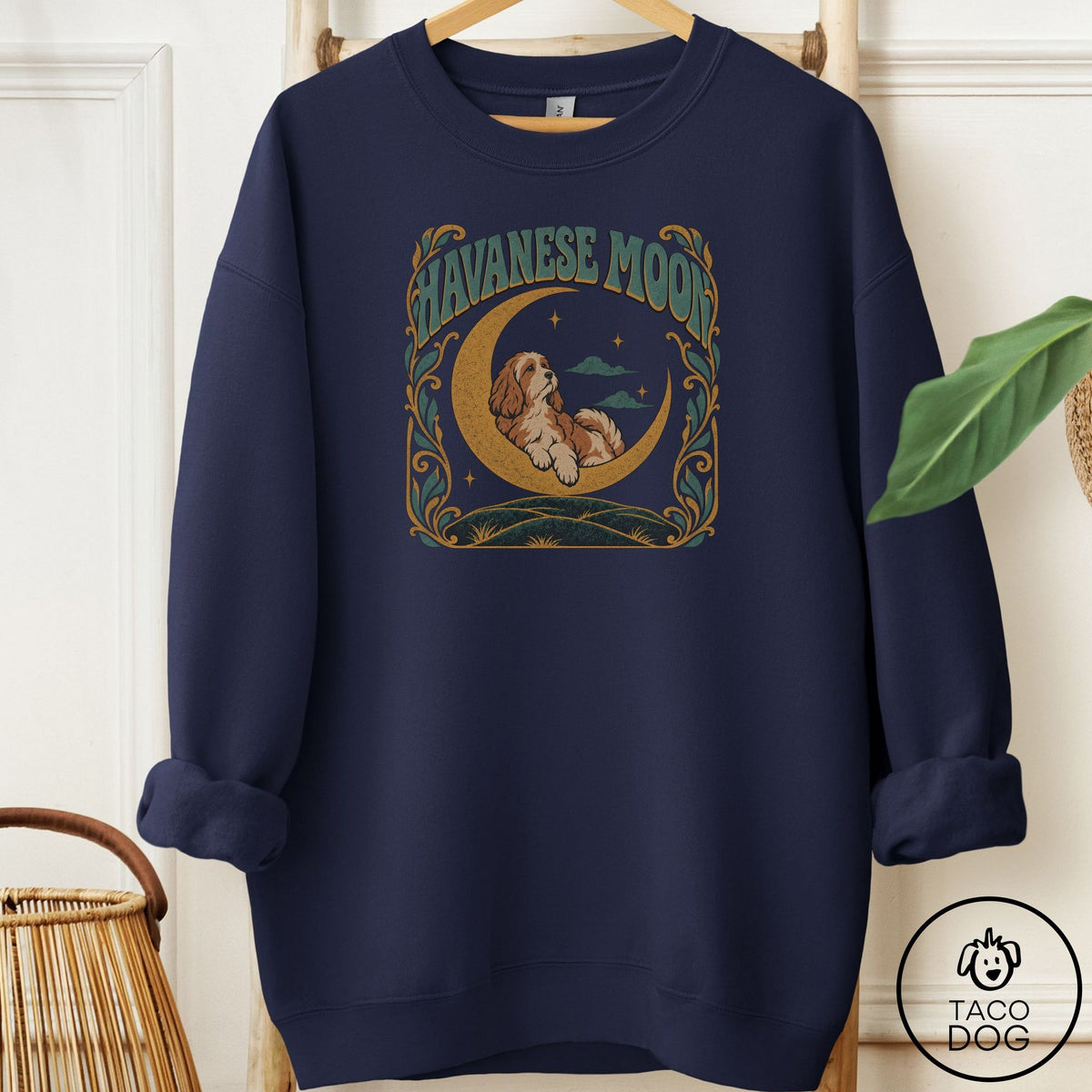Havanese Crescent Moon Sweatshirt Navy Taco-Dog