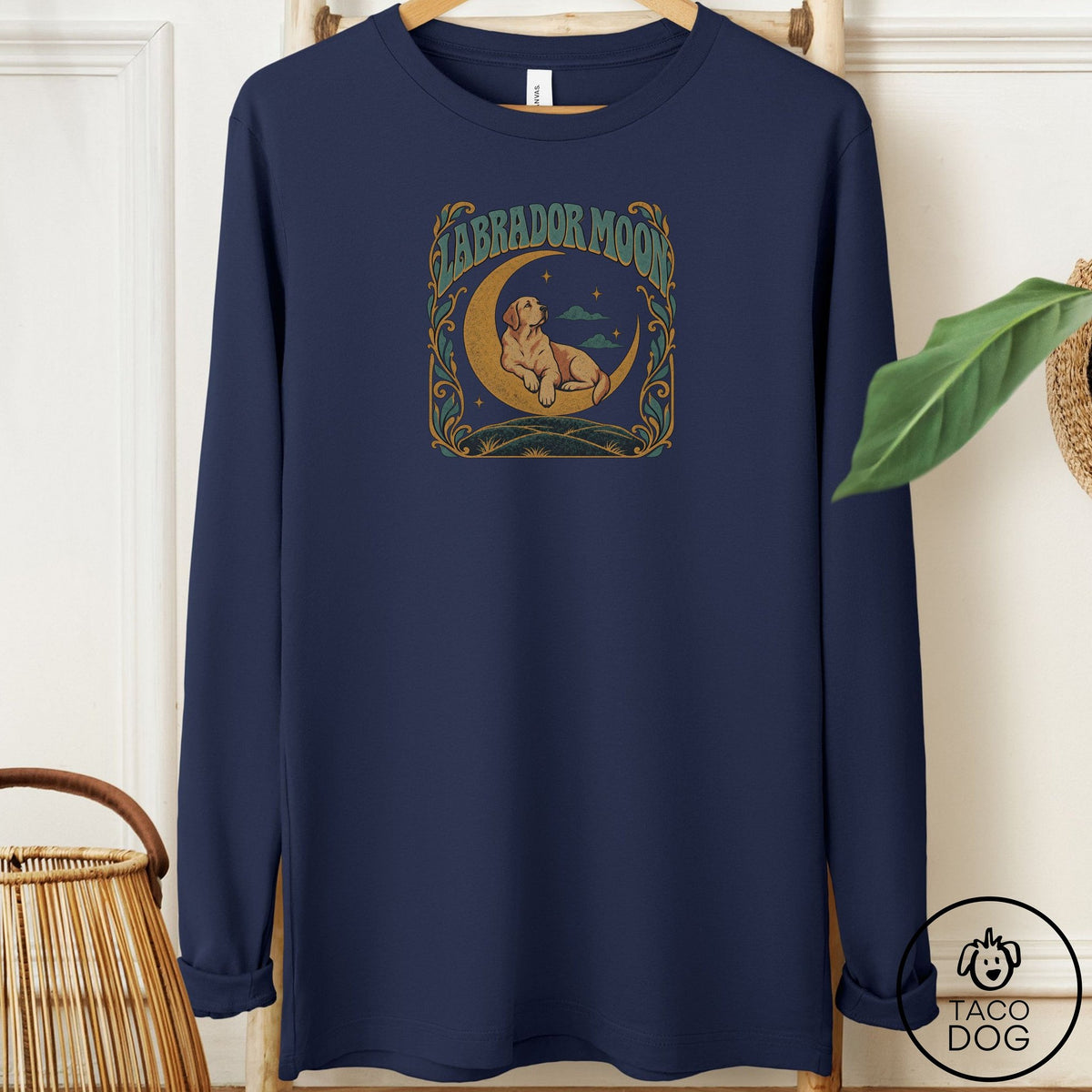 Labrador Retriever Crescent Moon Long Sleeve Tee Navy Taco-Dog