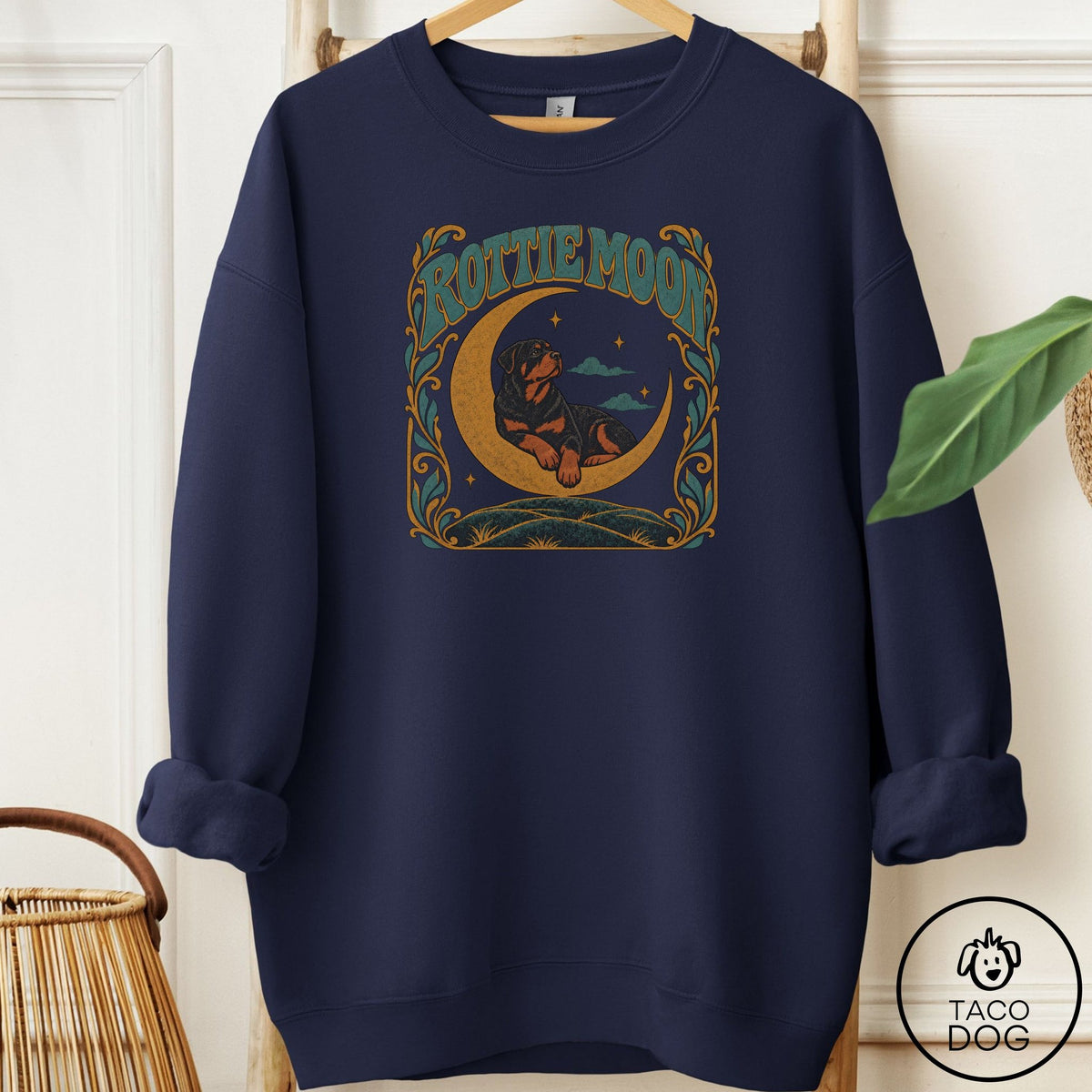 Rottweiler Crescent Moon Sweatshirt Navy Taco-Dog