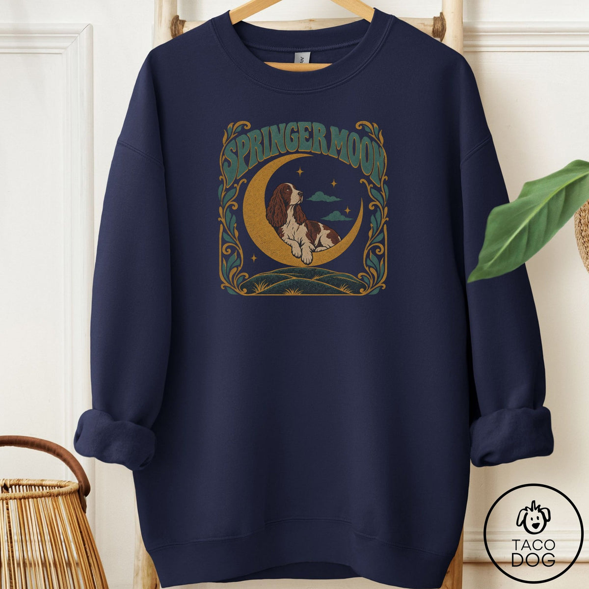 Springer Spaniel Crescent Moon Sweatshirt Navy Taco-Dog