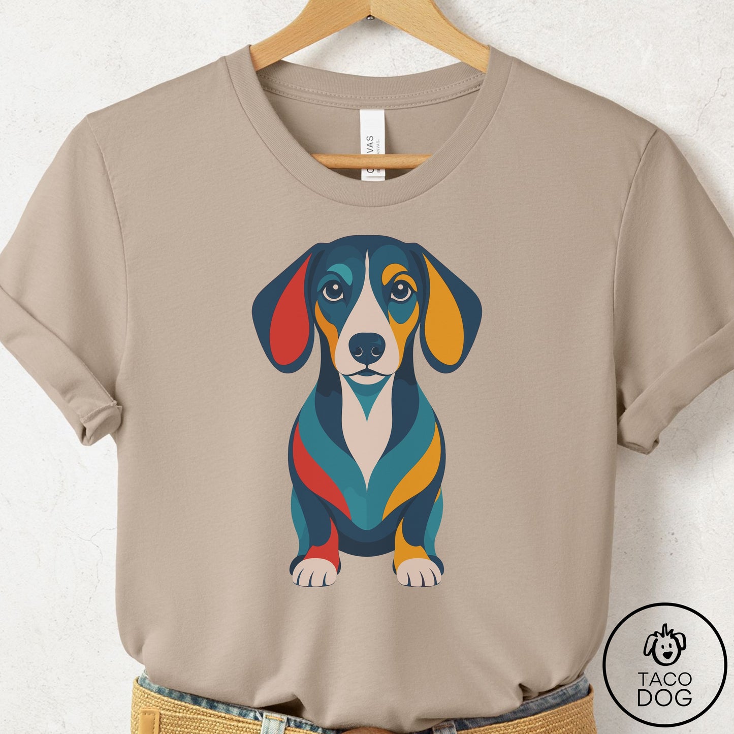 Dachshund Color Block T-Shirt Tan Taco-Dog