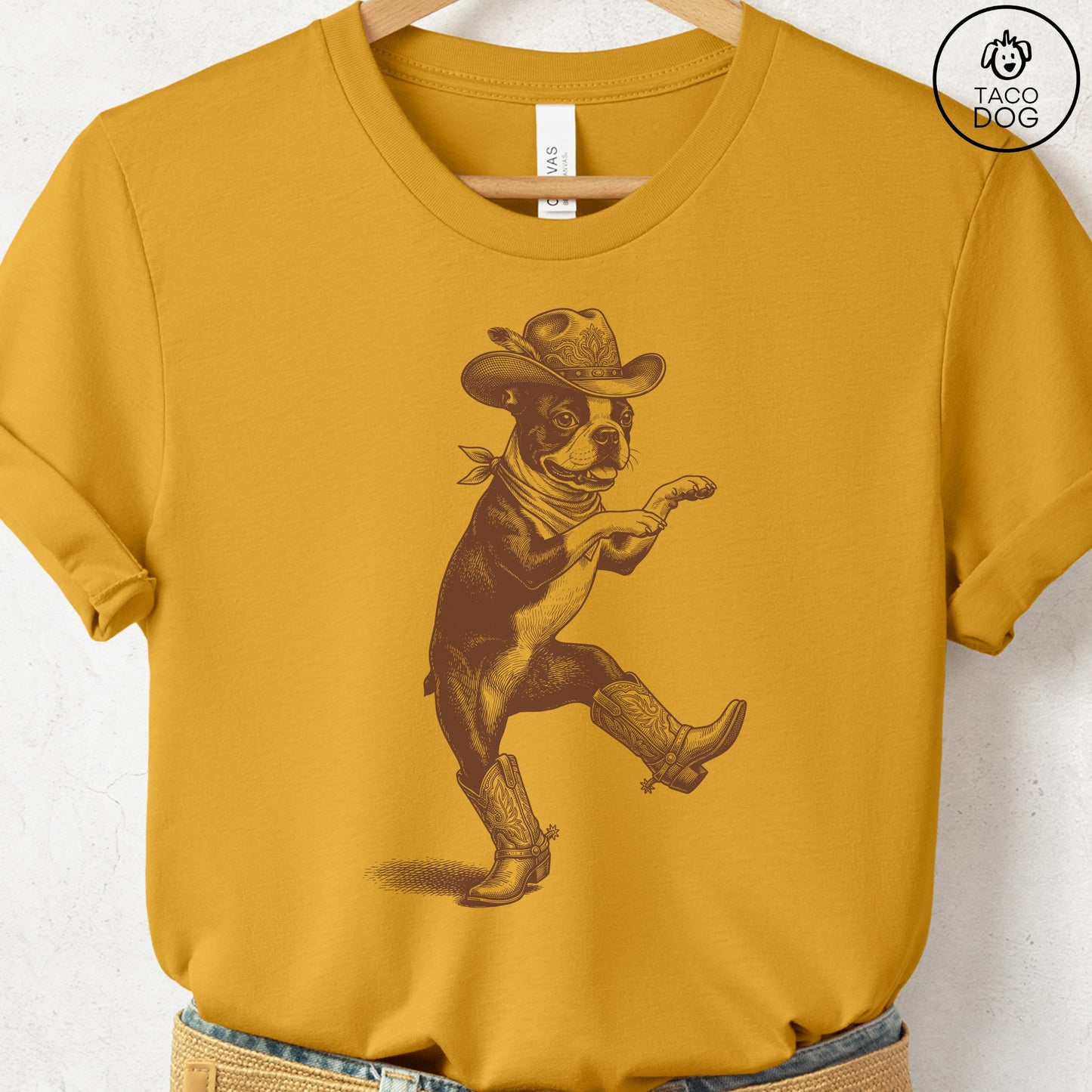 Boston Terrier Dancing Boots T-Shirt Mustard S Taco-Dog