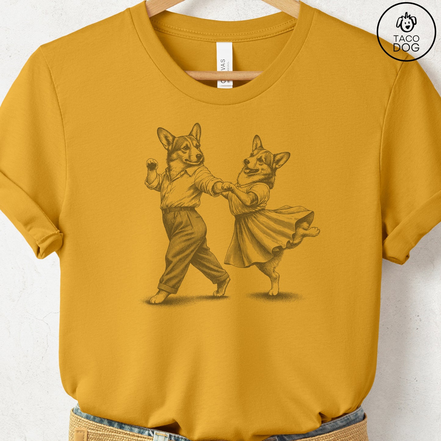 Corgi Dancing T-Shirt Mustard Taco-Dog