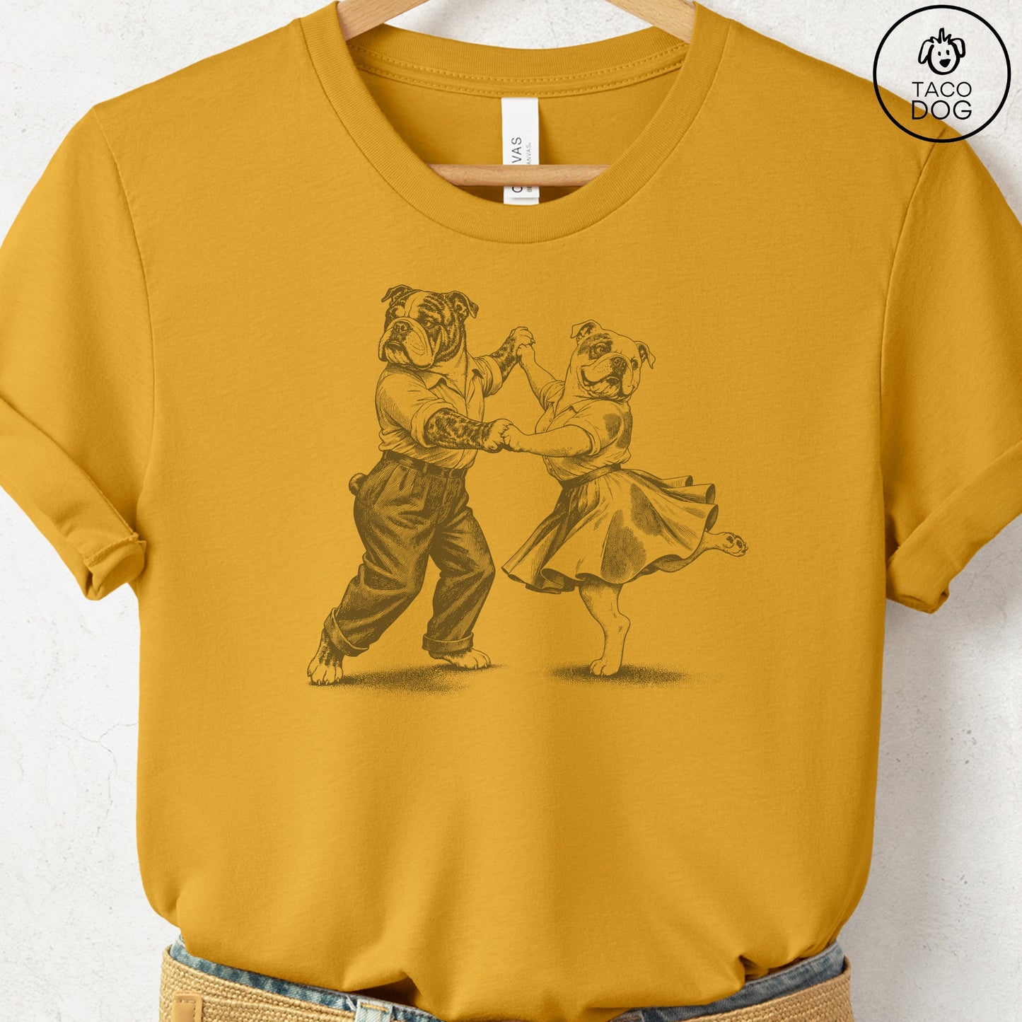 English Bulldog Dancing T-Shirt Mustard Taco-Dog