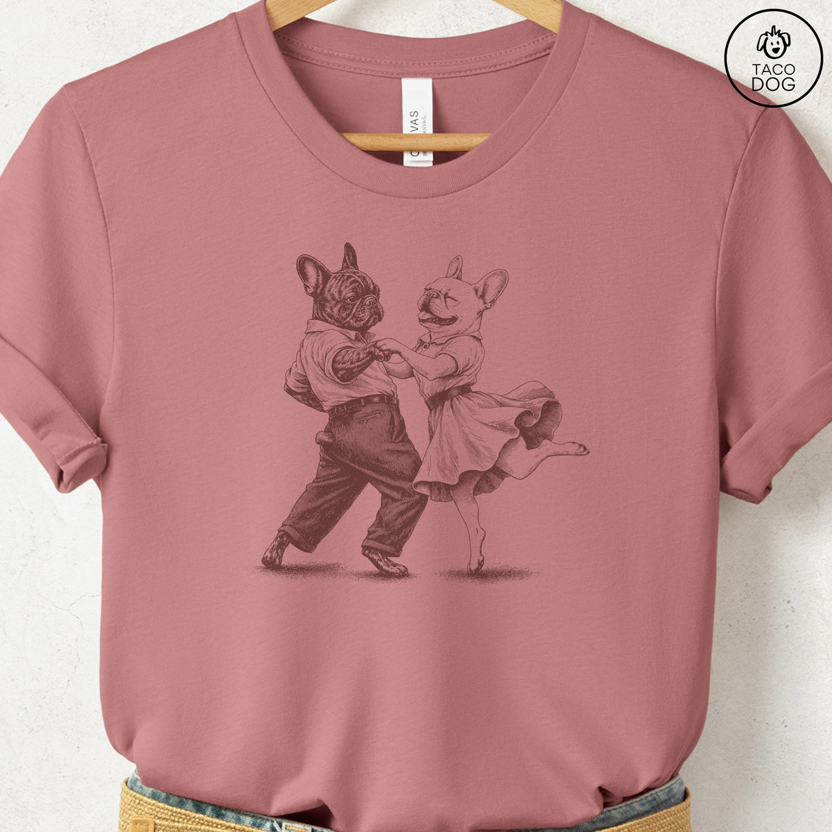 French Bulldog Frenchie Dancing T-Shirt Heather Mauve Taco-Dog