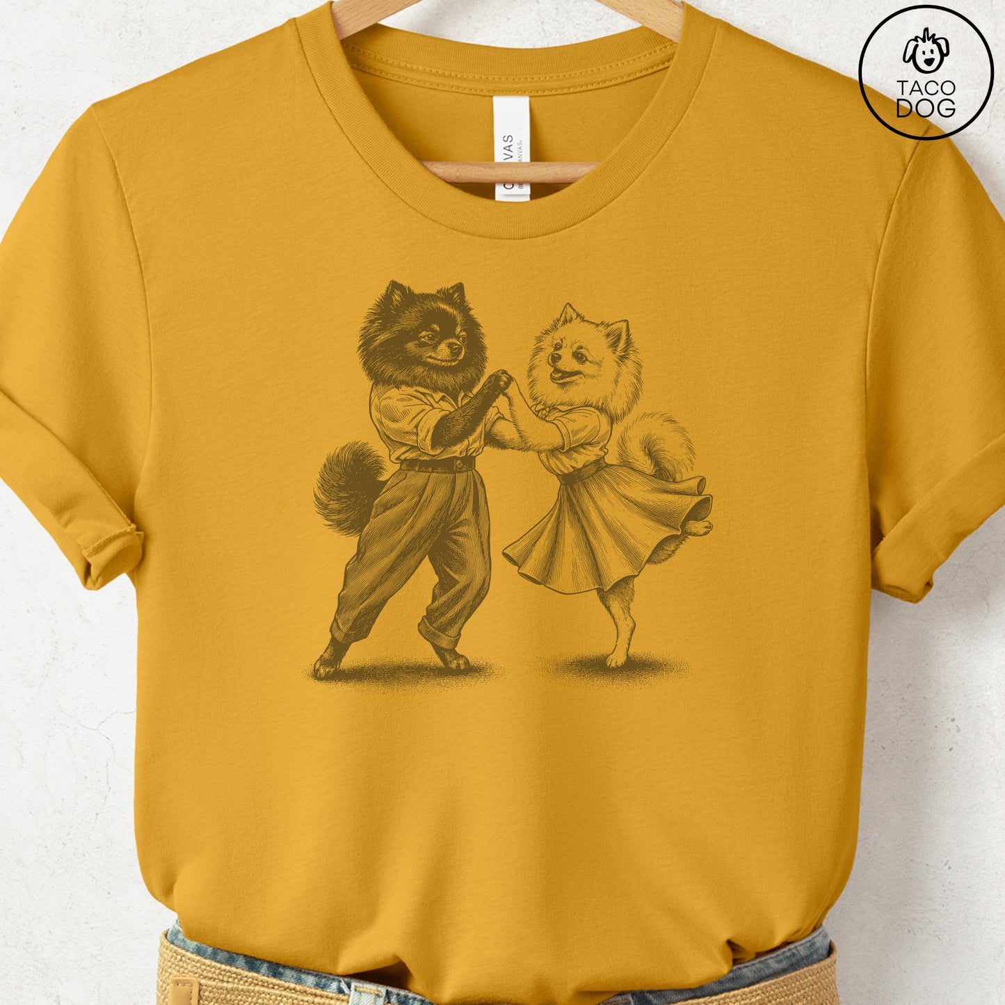 Pomeranian Dancing T-Shirt Mustard Taco-Dog