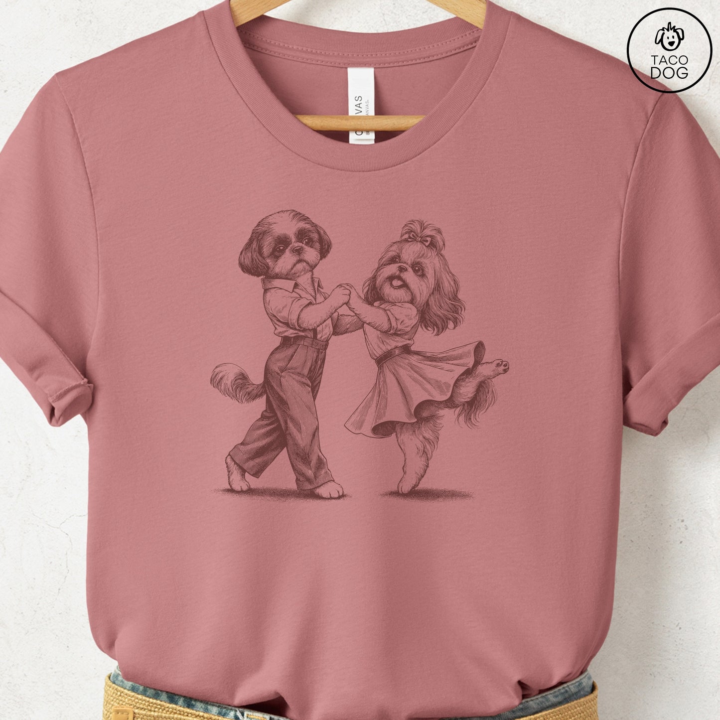 Shih Tzu Dancing T-Shirt Heather Mauve Taco-Dog