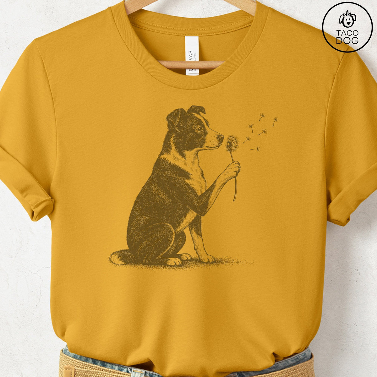 Border Collie Dandelion T-Shirt Mustard Taco-Dog