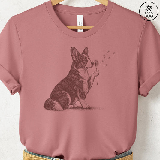 Cardigan Welsh Corgi Dandelion T-Shirt Heather Mauve Taco-Dog