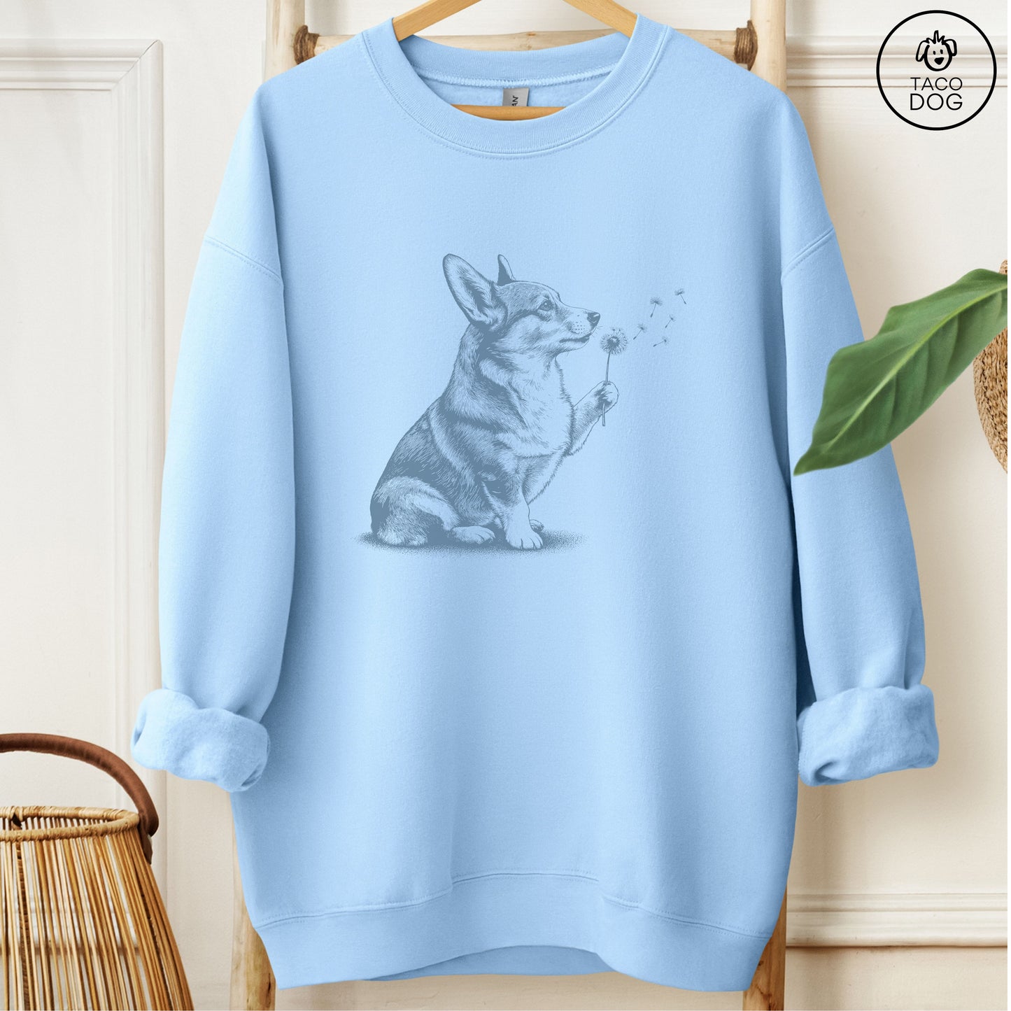 Corgi Dandelion Sweatshirt Light Blue Taco-Dog