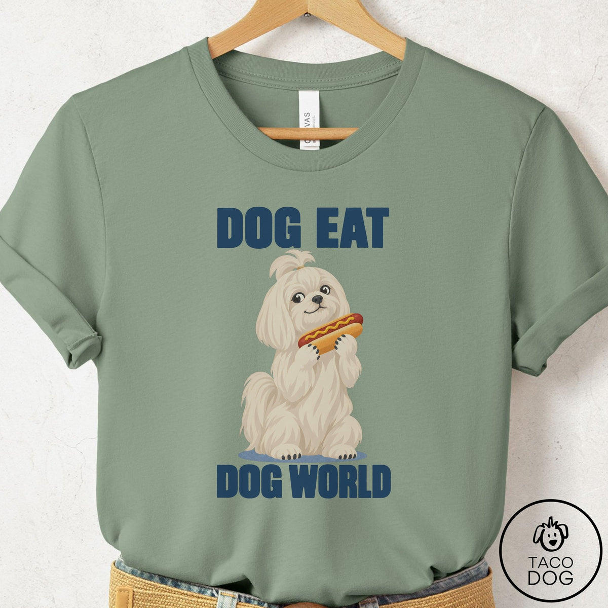 Maltese Dog Eat Dog T-Shirt Sage Taco-Dog