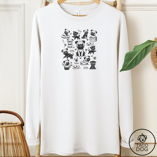 Brussels Griffon Doodles Long Sleeve Tee White Taco-Dog
