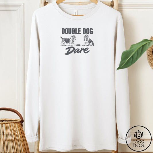 Basset Hound Double Dog Dare Long Sleeve Tee White Taco-Dog