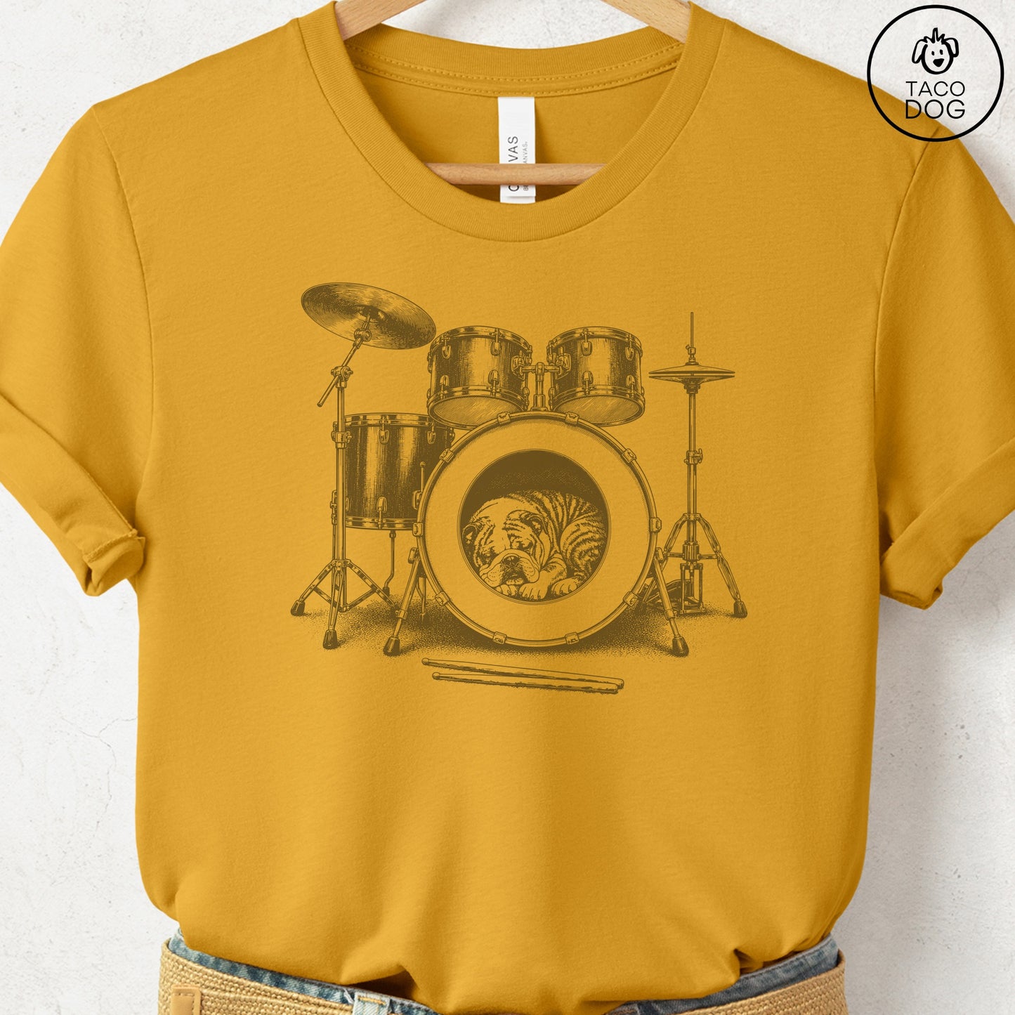 English Bulldog Drum T-Shirt Mustard Taco-Dog