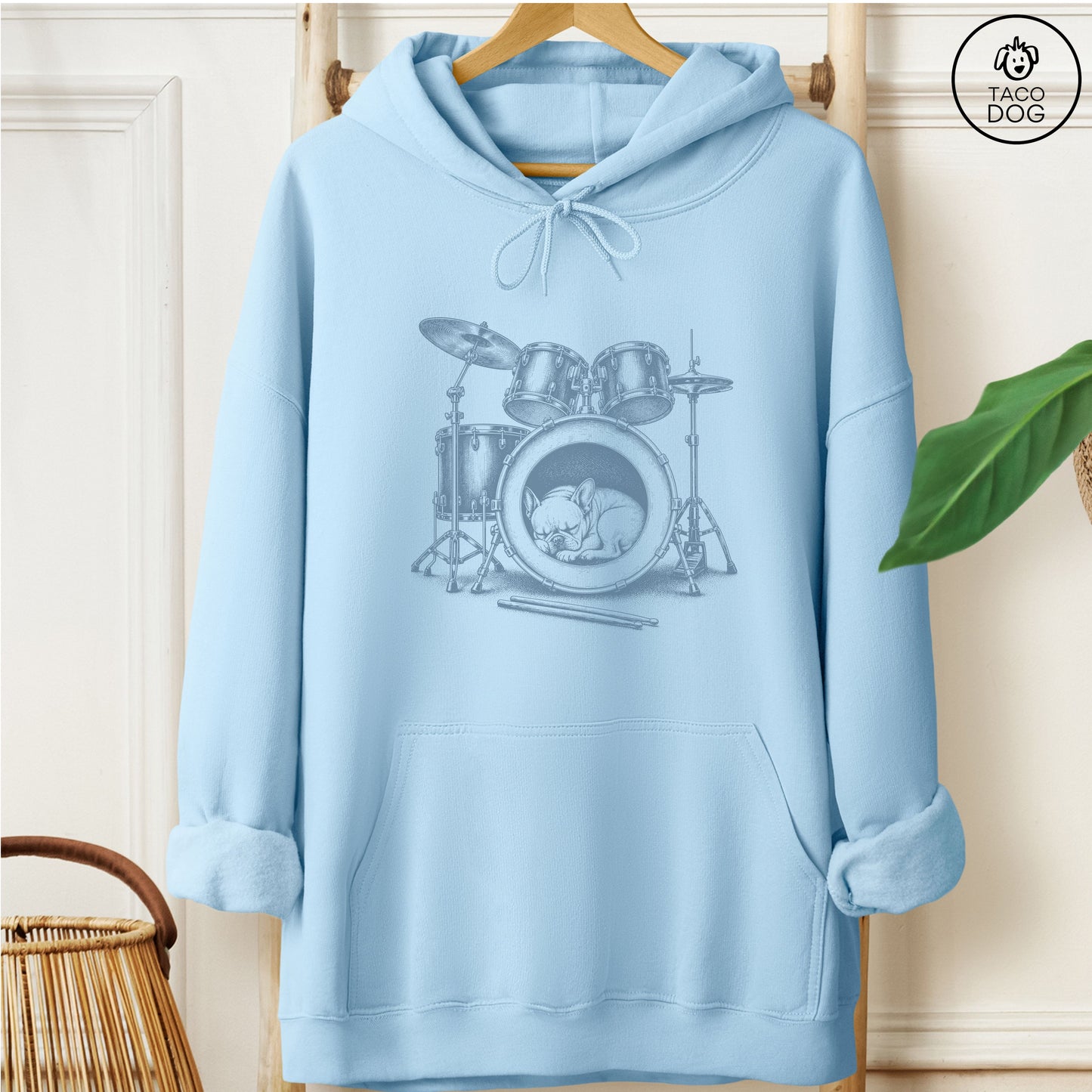 French Bulldog Frenchie Drum Hoodie Light Blue Taco-Dog