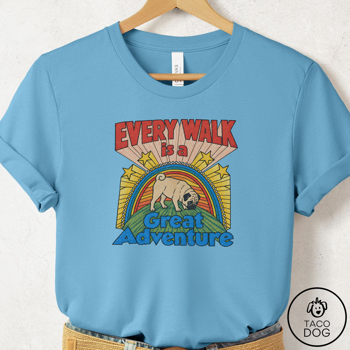 Pug Every Walk T-Shirt Ocean Blue Taco-Dog