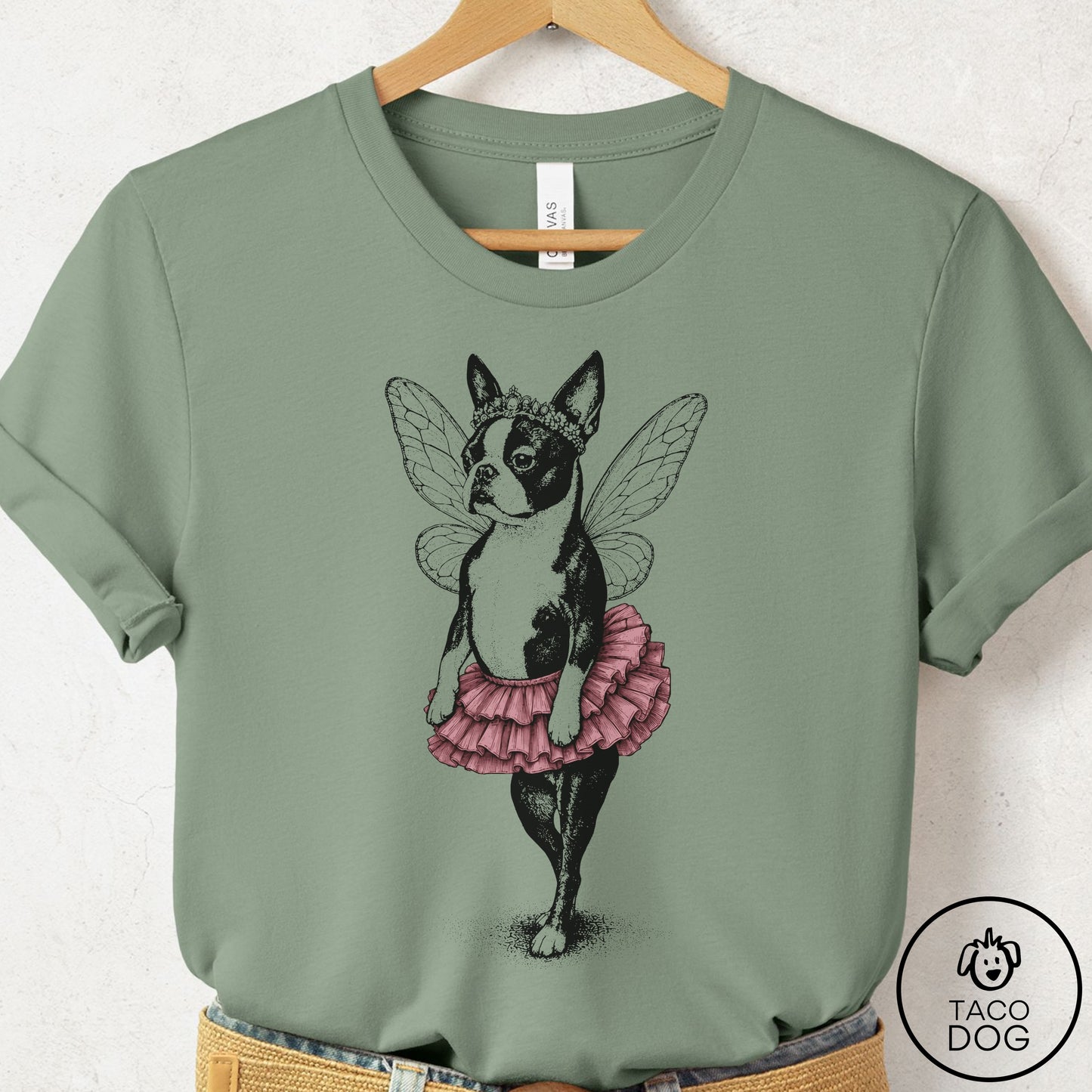 Boston Terrier Fairy Black Ink T-Shirt Sage Taco-Dog