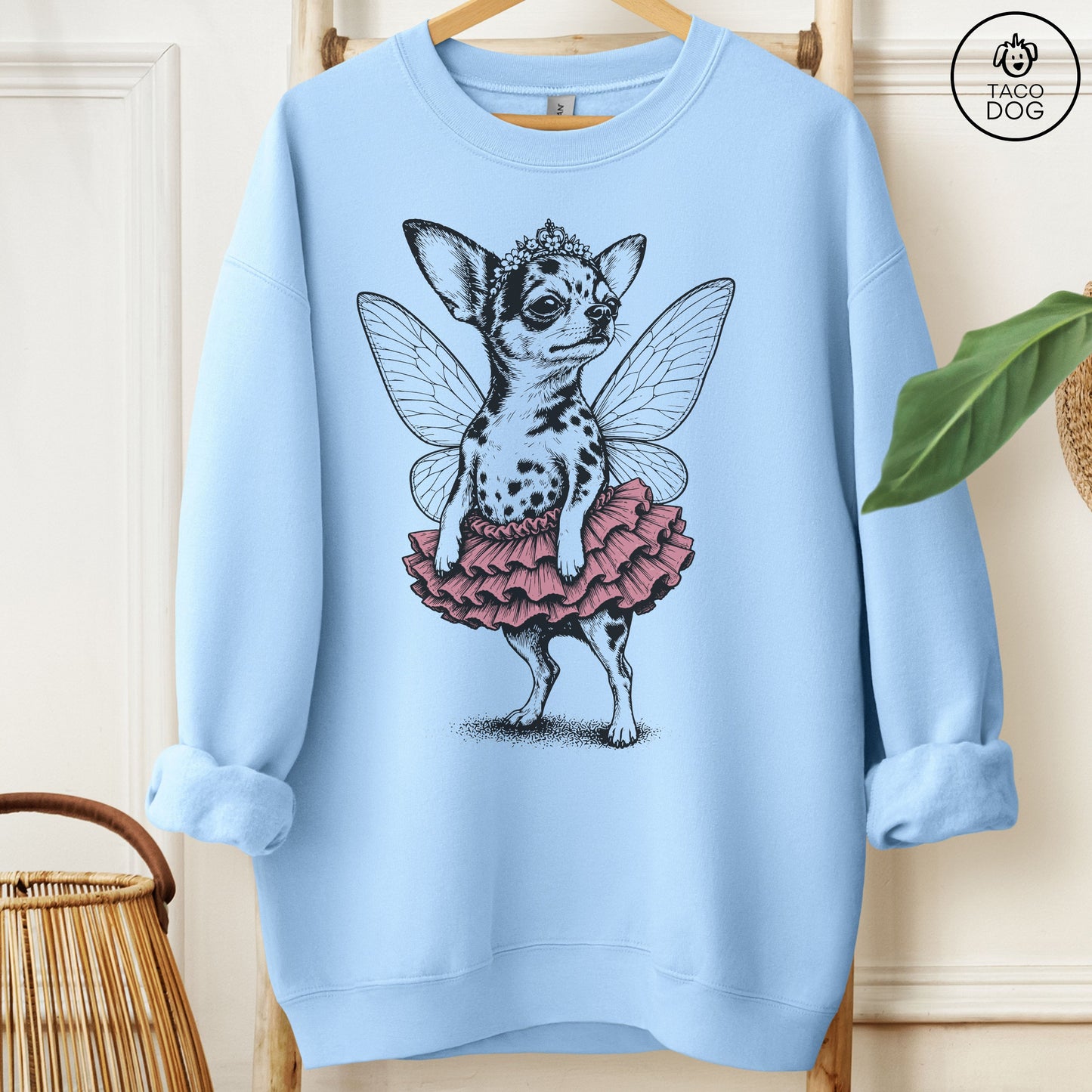 Chihuahua Fairy Black Ink Sweatshirt Light Blue Taco-Dog