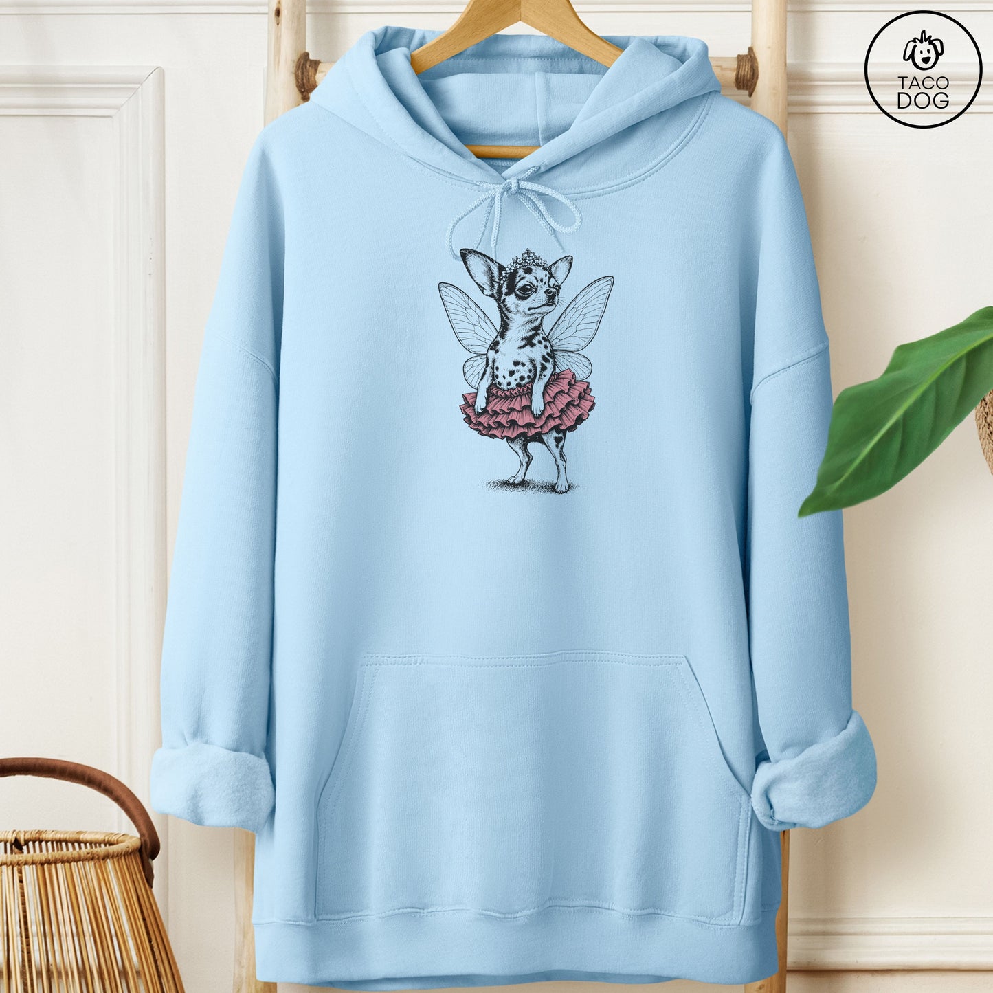 Chihuahua Fairy Black Ink Hoodie Light Blue Taco-Dog