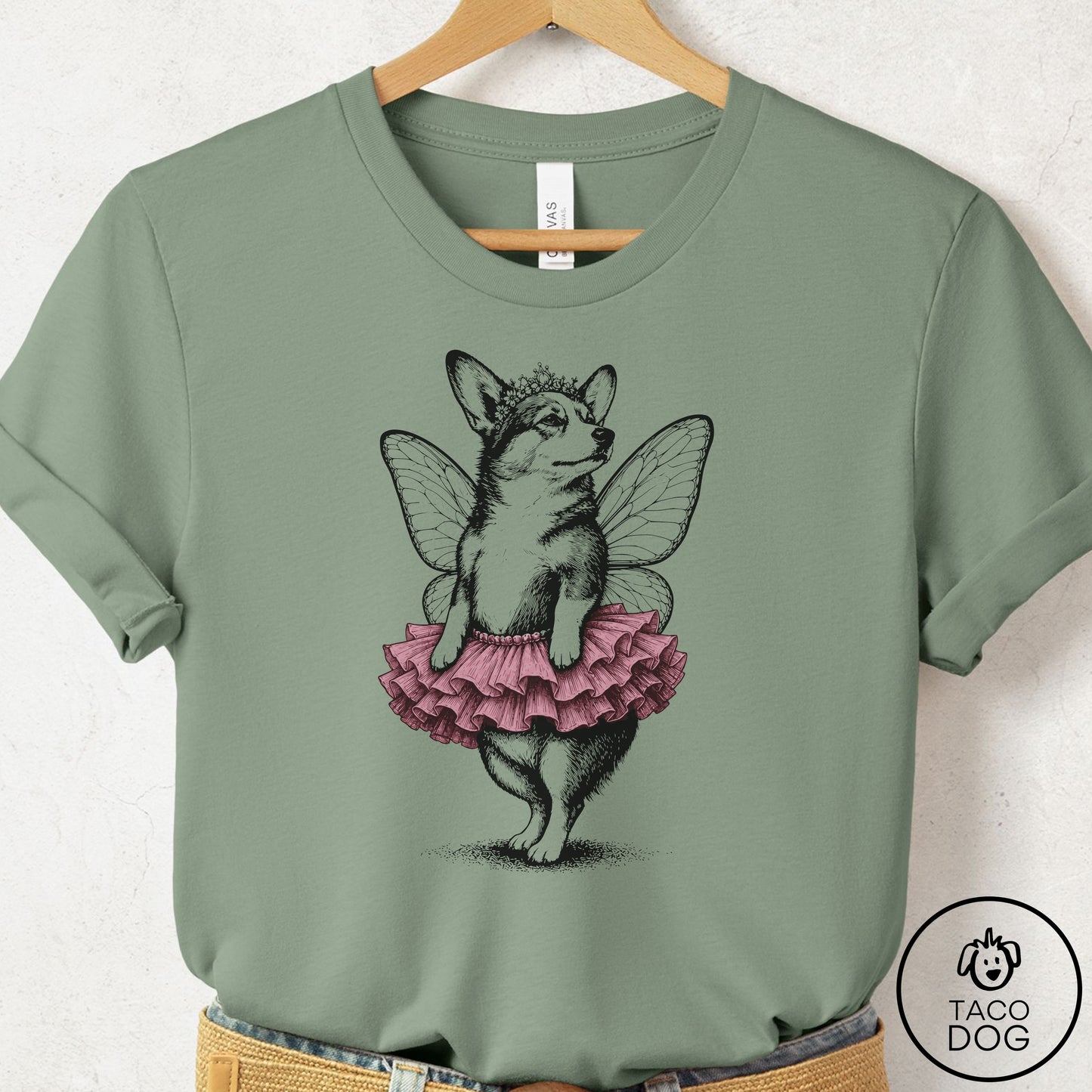 Corgi Fairy Black Ink T-Shirt Sage Taco-Dog