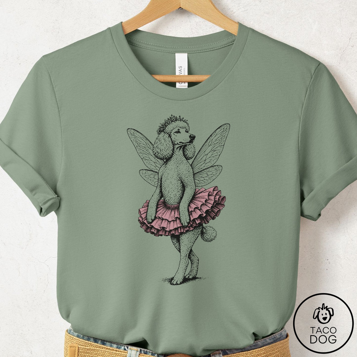 Poodle Fairy Black Ink T-Shirt Sage Taco-Dog