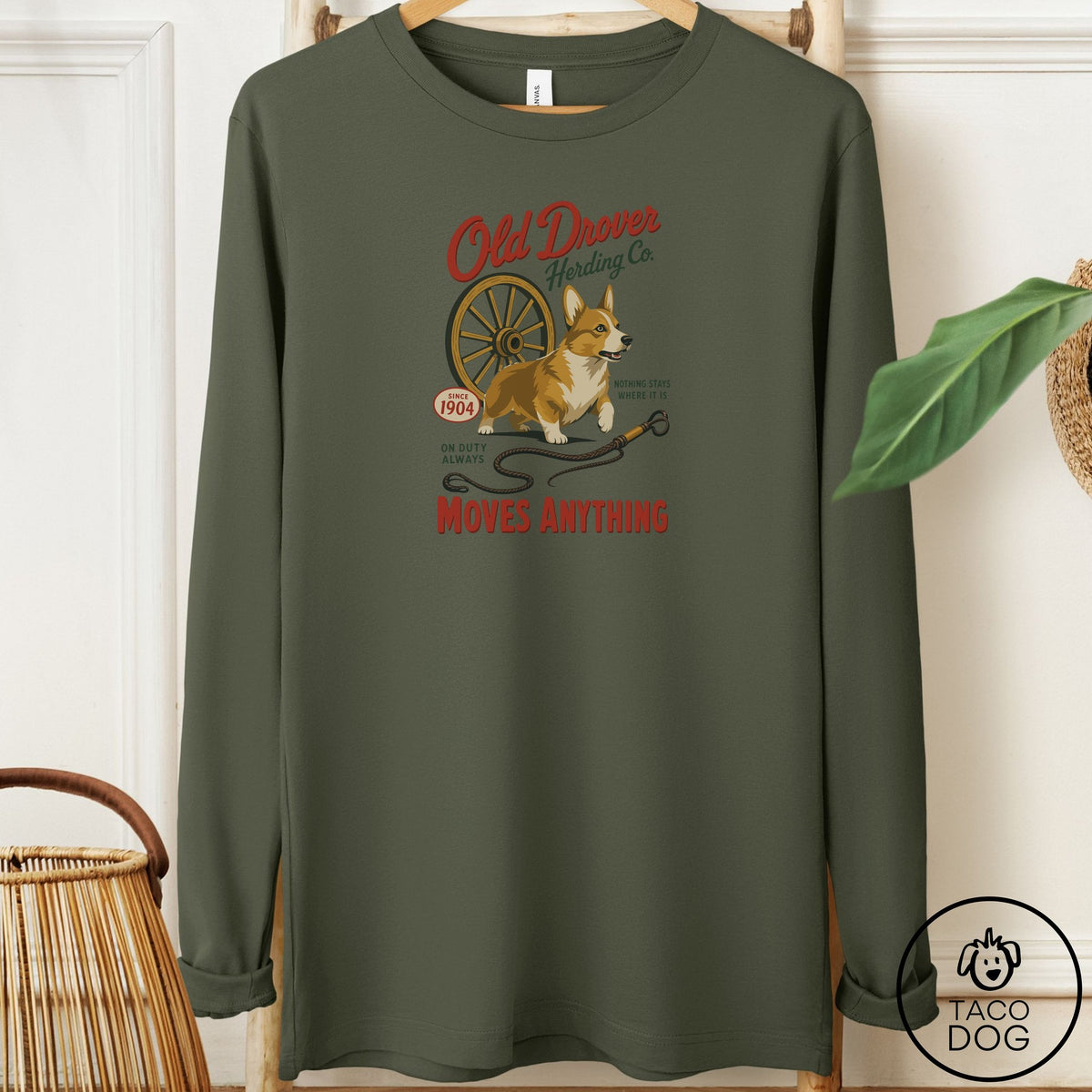 Corgi Family Business Long Sleeve Tee Military Green Taco-Dog
