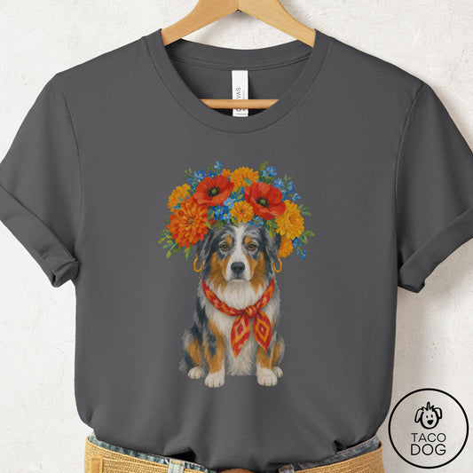 Australian Shepherd Flower Crown T-Shirt Asphalt Taco-Dog