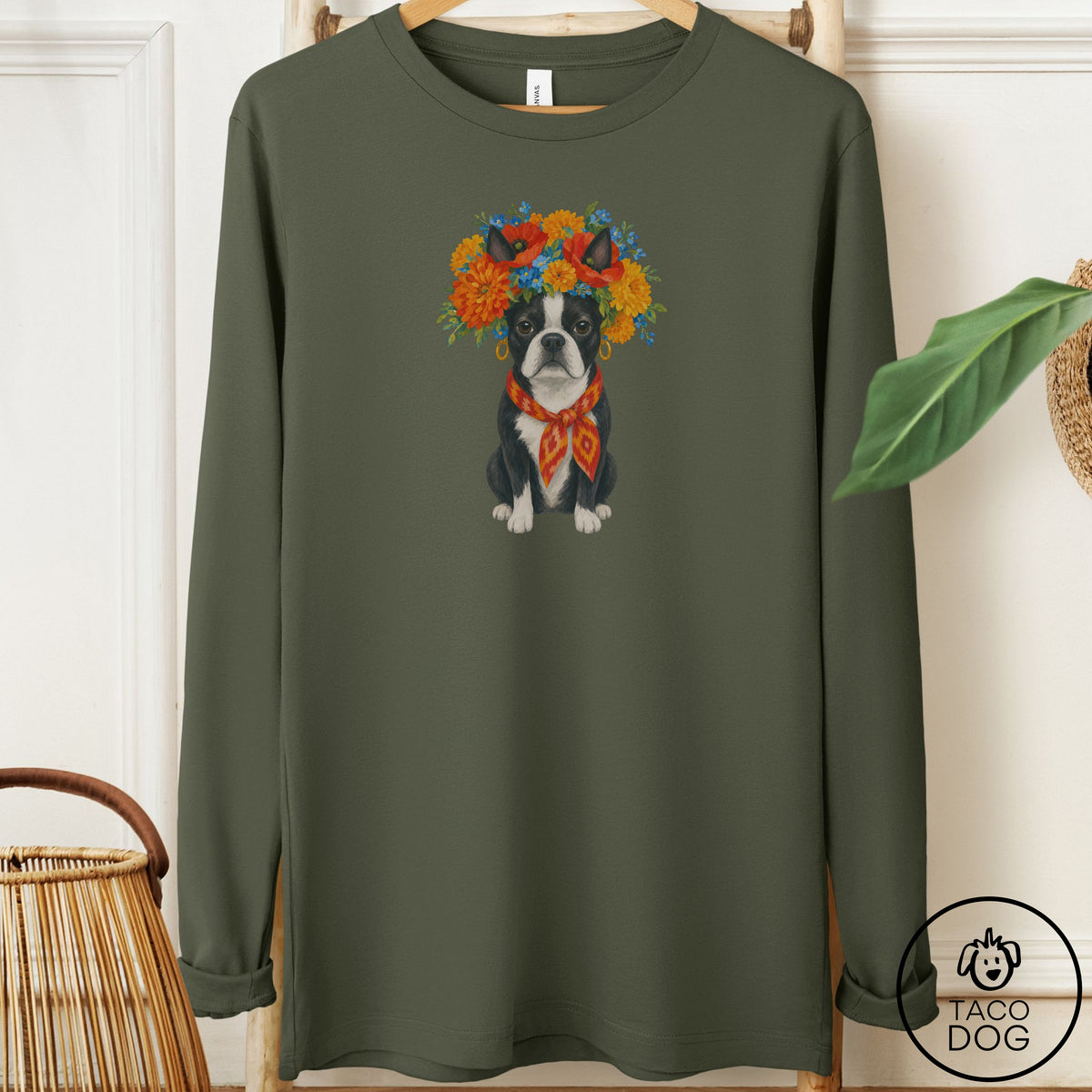 Boston Terrier Flower Crown Long Sleeve Tee