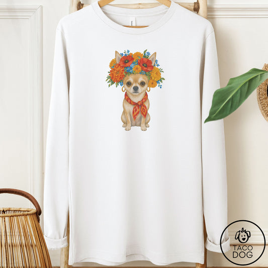 Chihuahua Flower Crown Long Sleeve Tee White Taco-Dog
